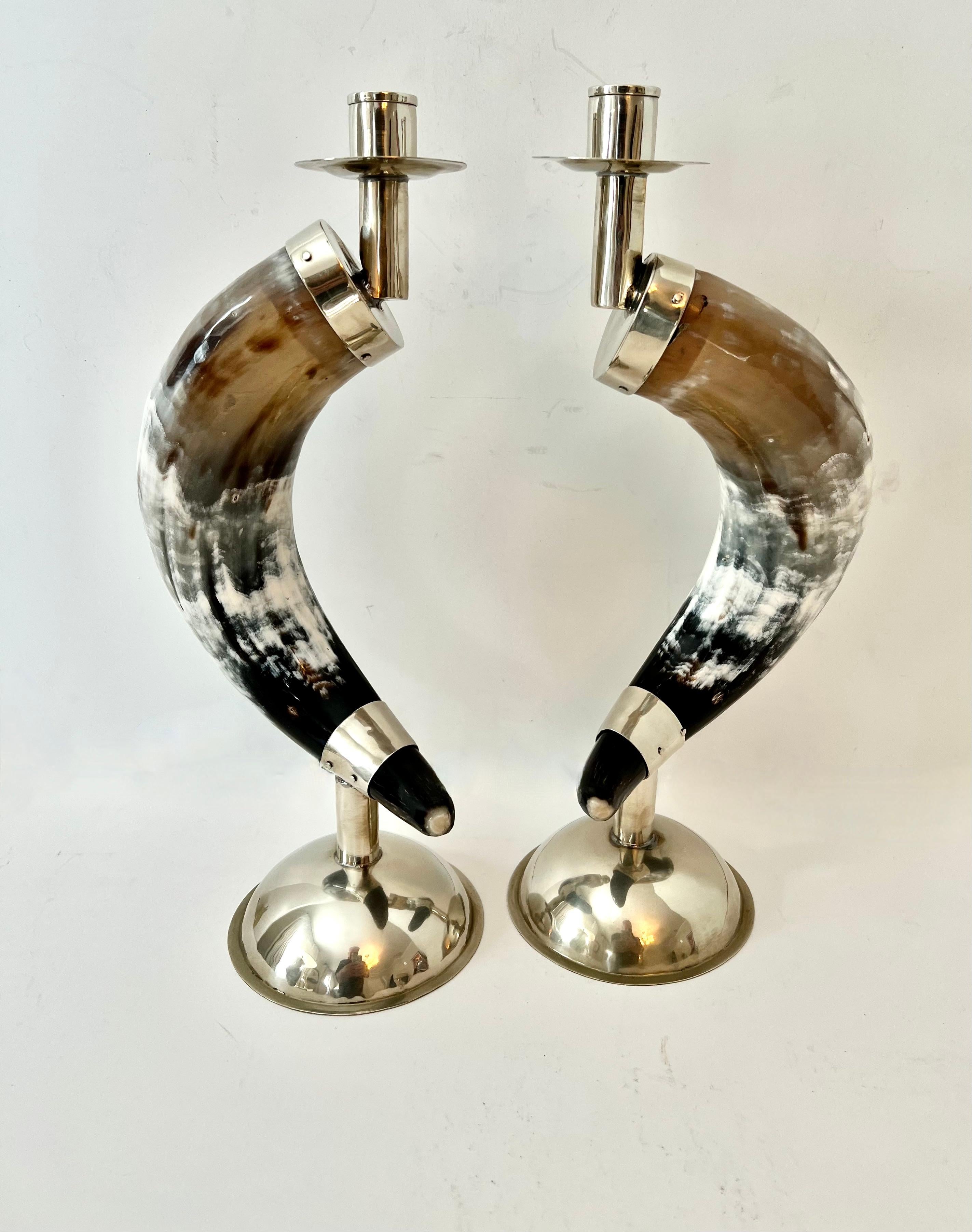 20th Century English Pair Candlesticks Horn and Silver Plate Base and Hand Made Fittings For Sale