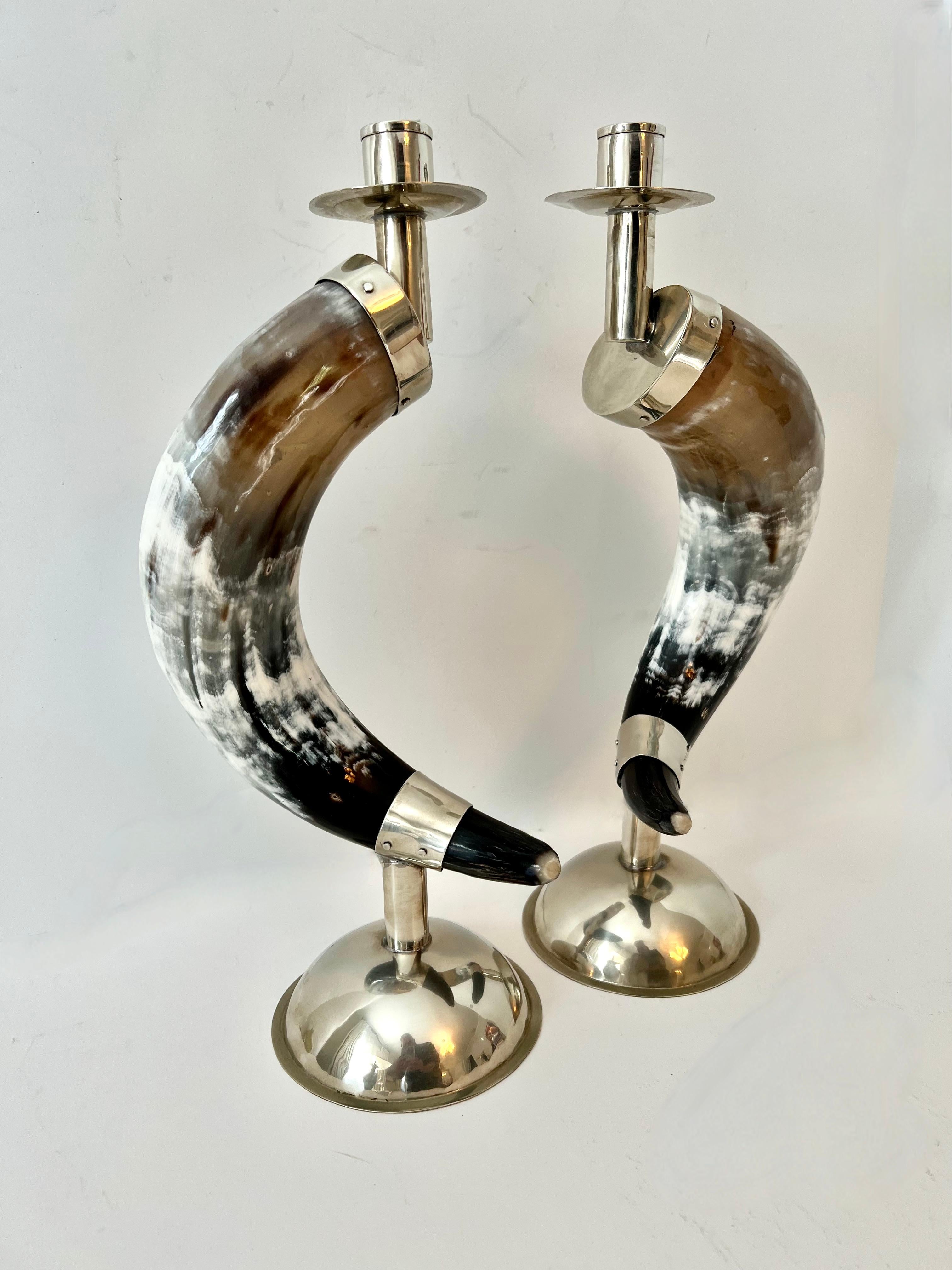 English Pair Candlesticks Horn and Silver Plate Base and Hand Made Fittings For Sale 1