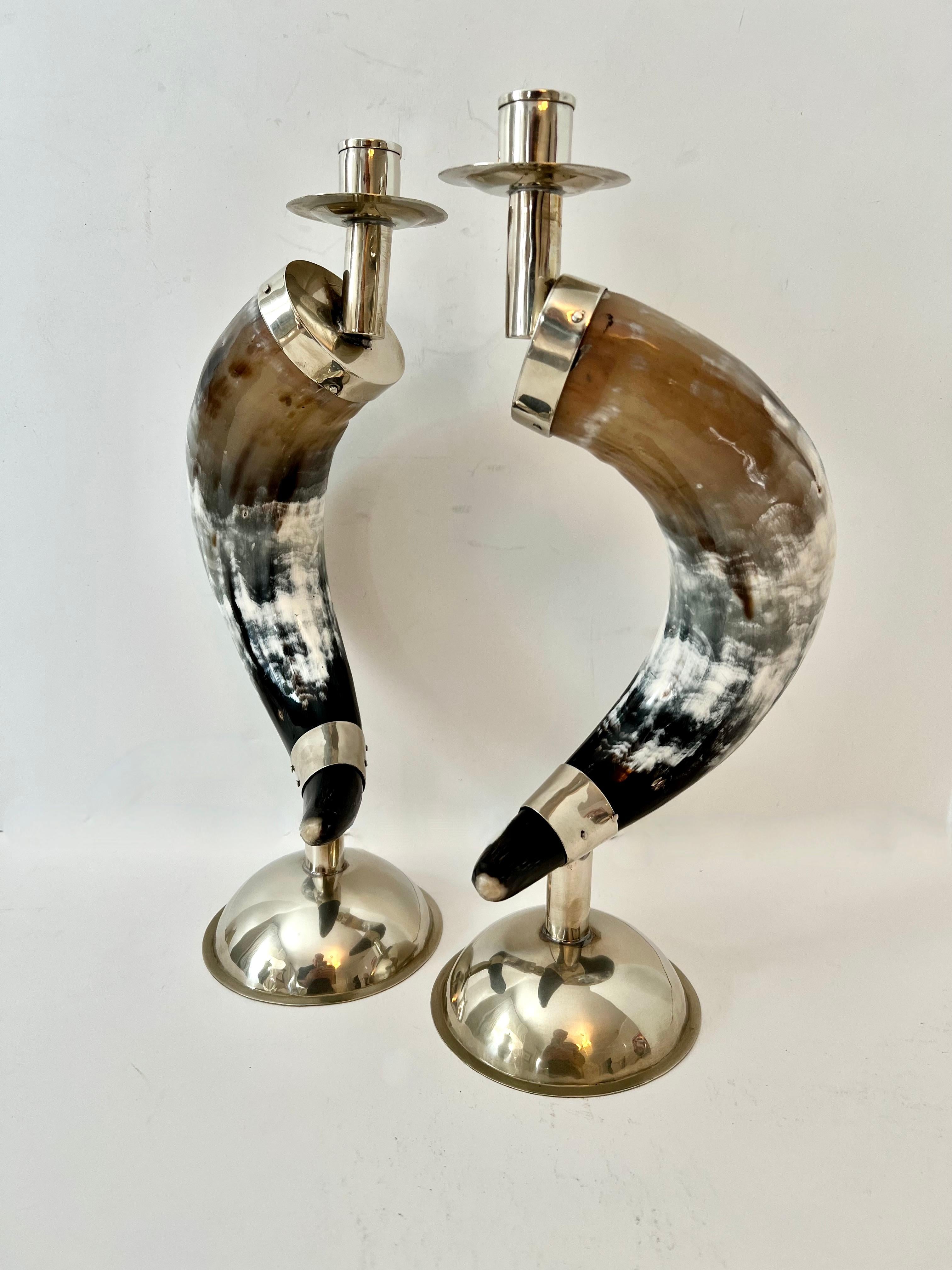 English Pair Candlesticks Horn and Silver Plate Base and Hand Made Fittings For Sale 2