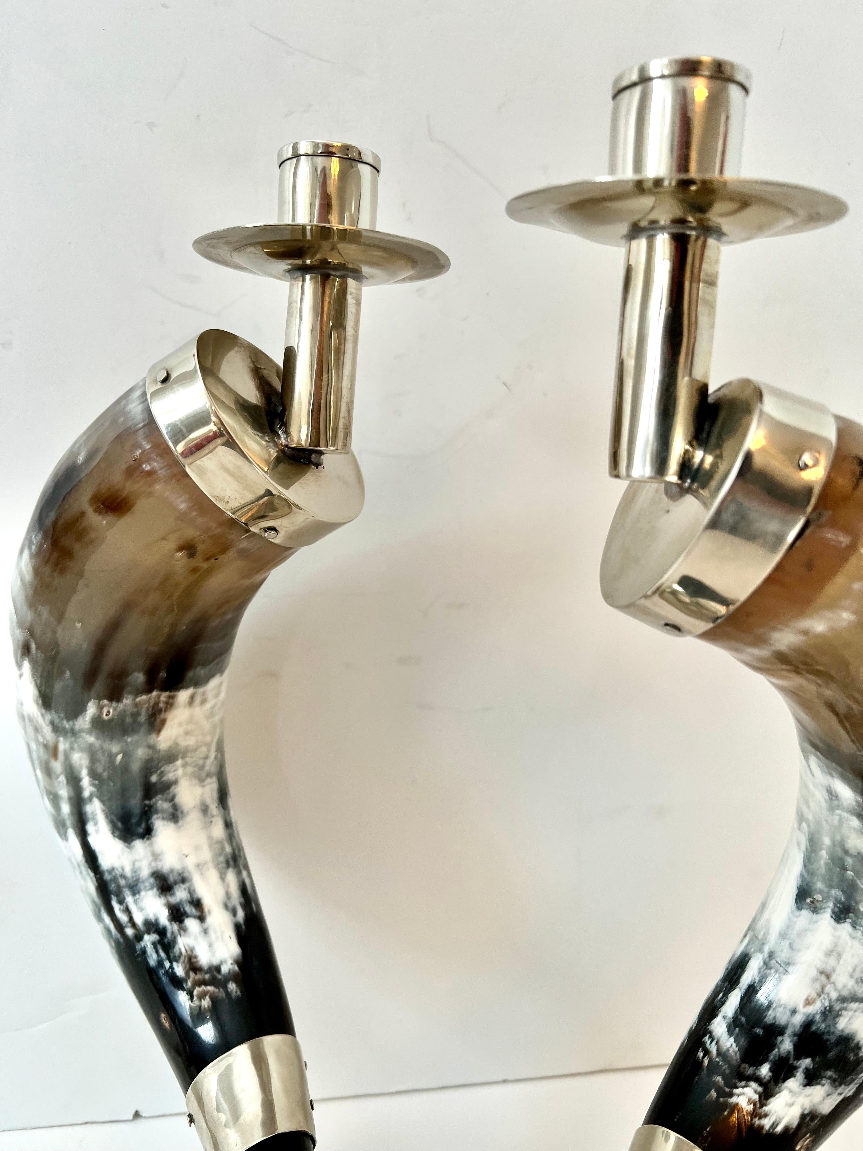 Englisch Paar Kerzenleuchter Horn und Silber Platte Basis und Hand Made Beschläge im Angebot 2