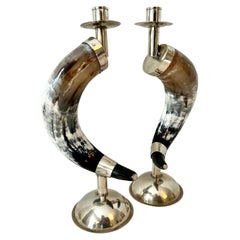 Englisch Paar Kerzenleuchter Horn und Silber Platte Basis und Hand Made Beschläge