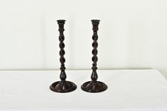 English Pair of 19th Century Oak Barley Twist Candlesticks