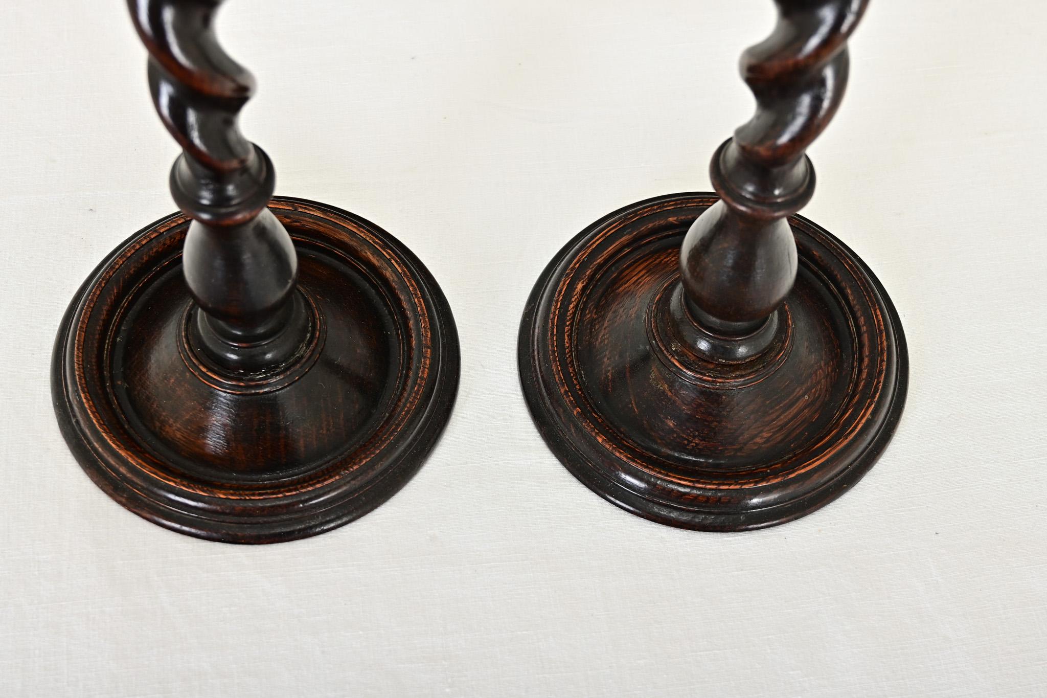 Other English Pair of 19th Century Oak Barley Twist Candlesticks For Sale