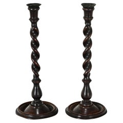 English Pair of 19th Century Oak Barley Twist Candlesticks