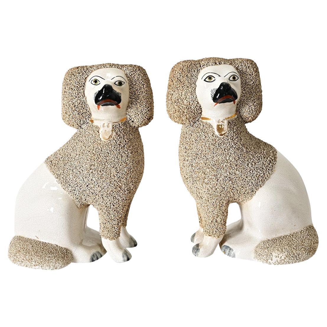 English Pair of 19th Century Staffordshire White Poodle Dogs For Sale