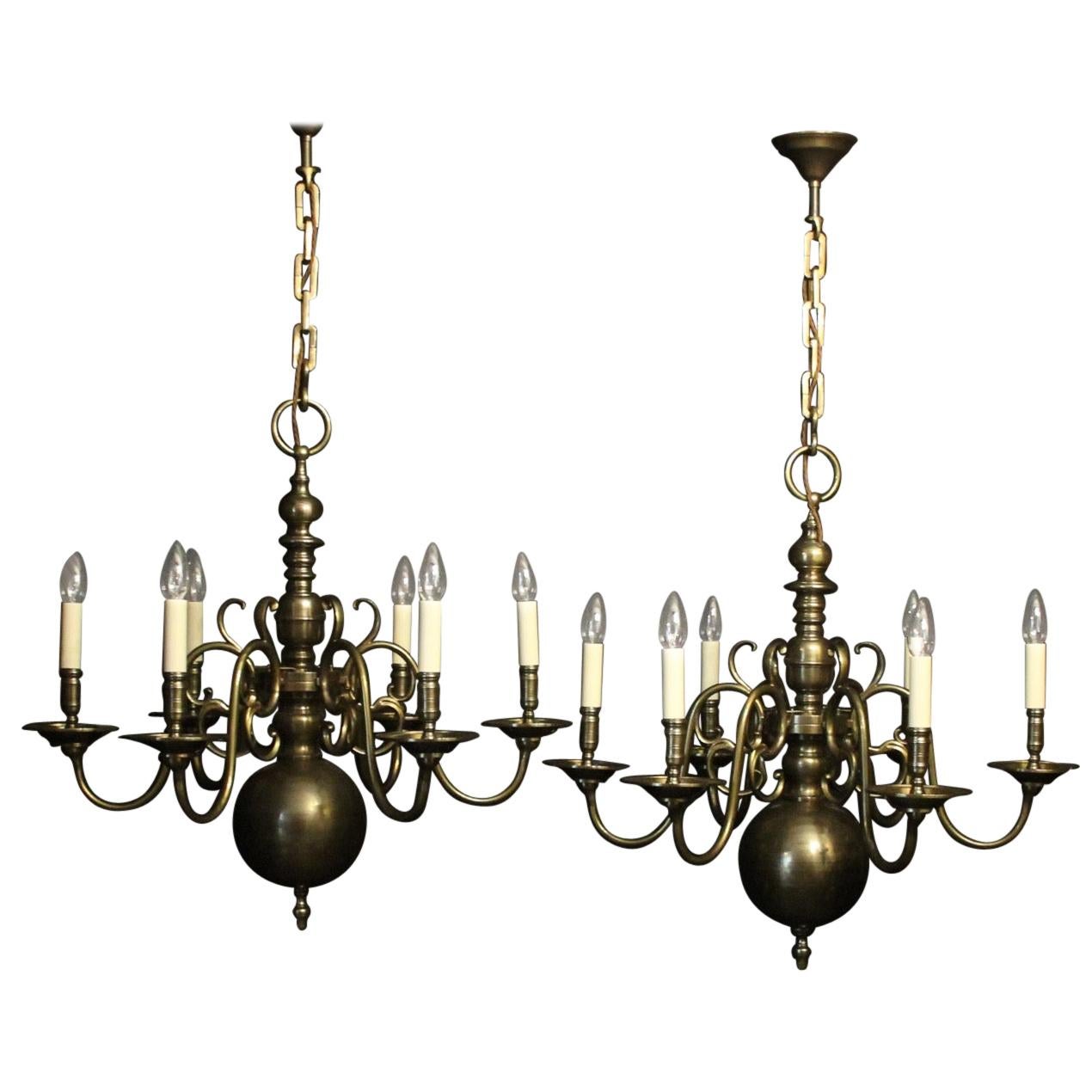 English Pair of 6-Light Bronze Antique Chandeliers For Sale