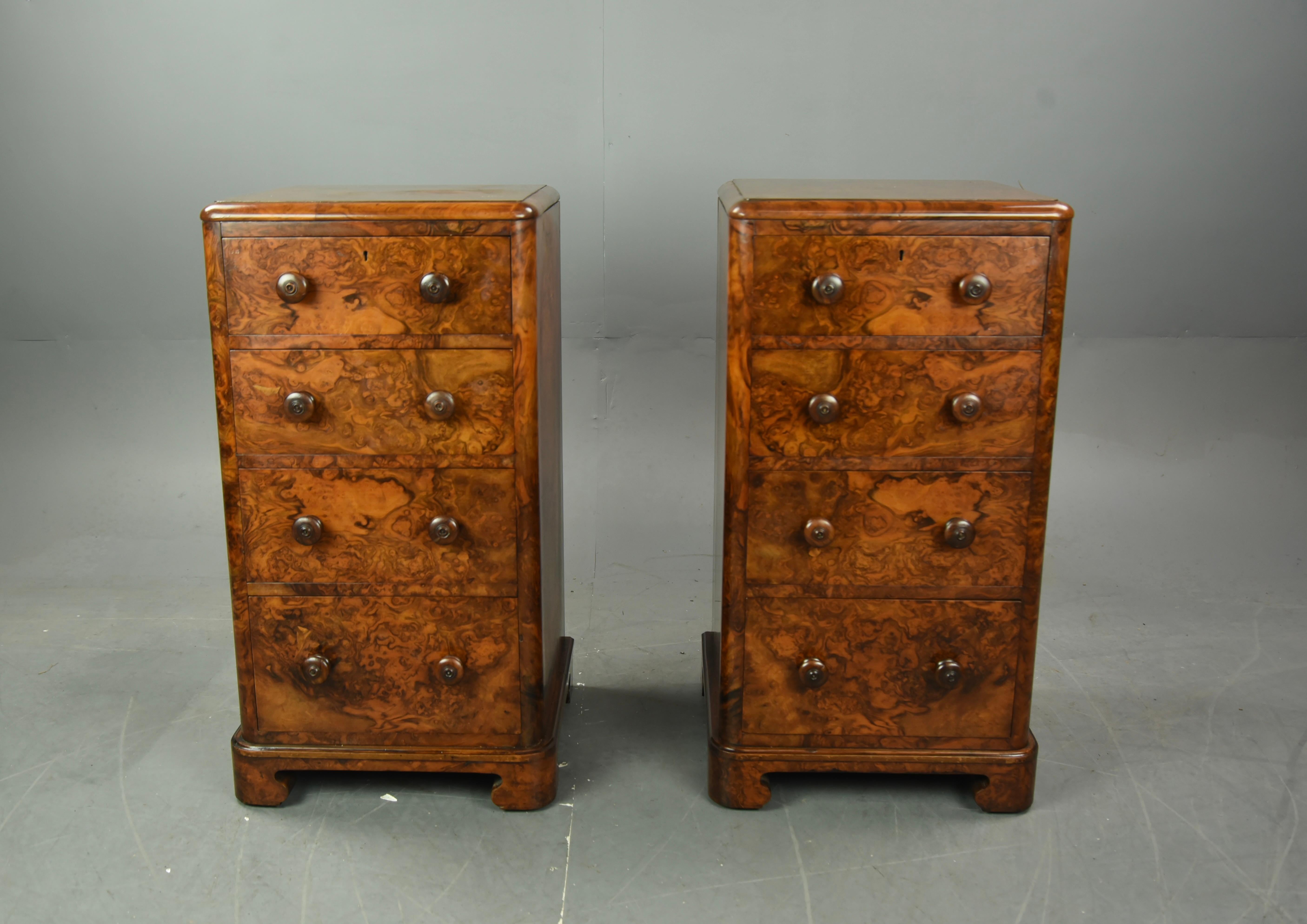 Fine pair of Burr walnut bedside chests of drawers circa 1860 .
Top Quality pair of walnut chest of drawers ,The cabinet maker chose the best walnut available to produce this magnificent pair .
Each chest has four hand dovetailed mahogany lined