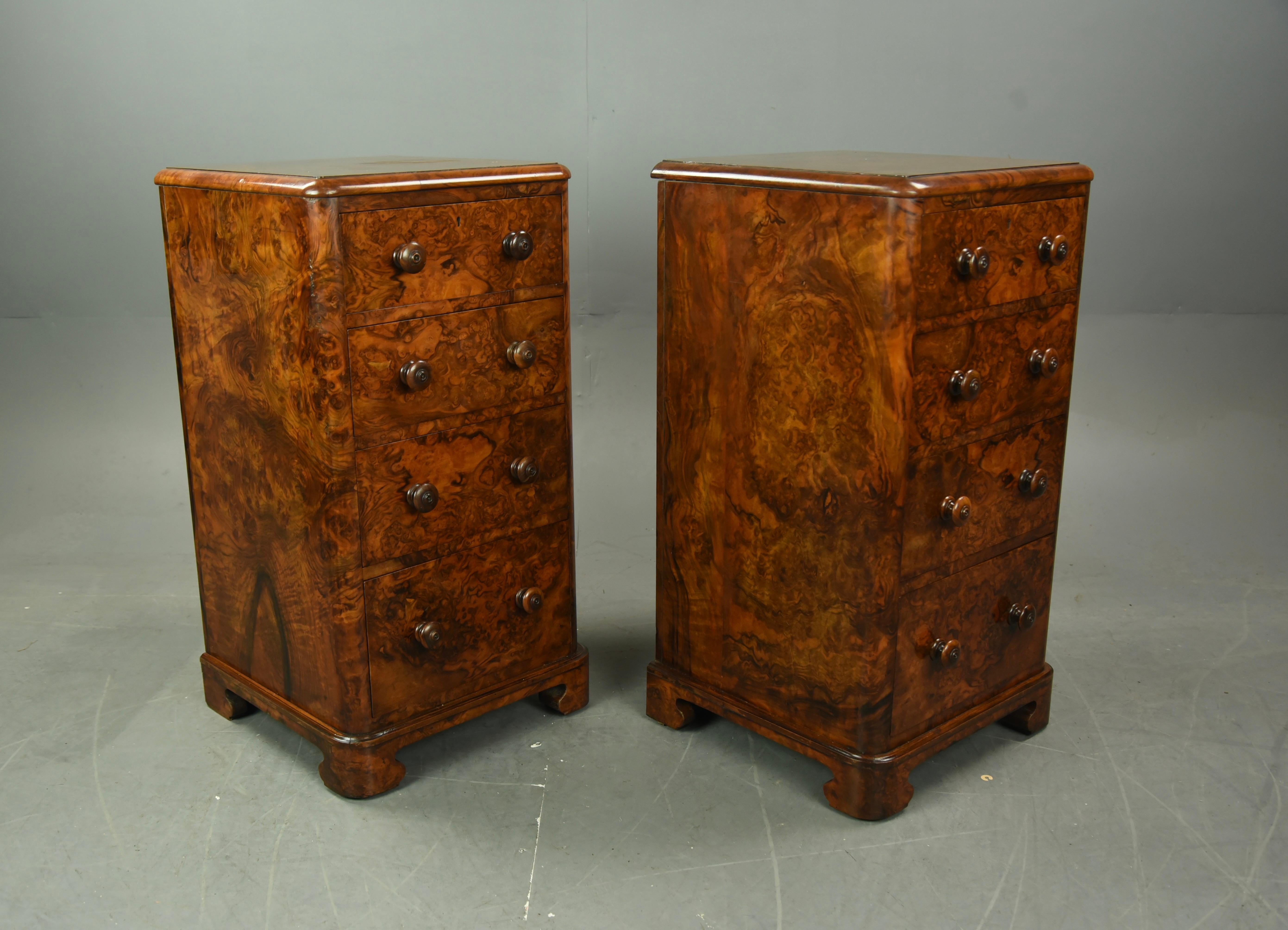 Victorian English Pair of Antique Burr Walnut Bedside Chests of Drawers Nite Stands