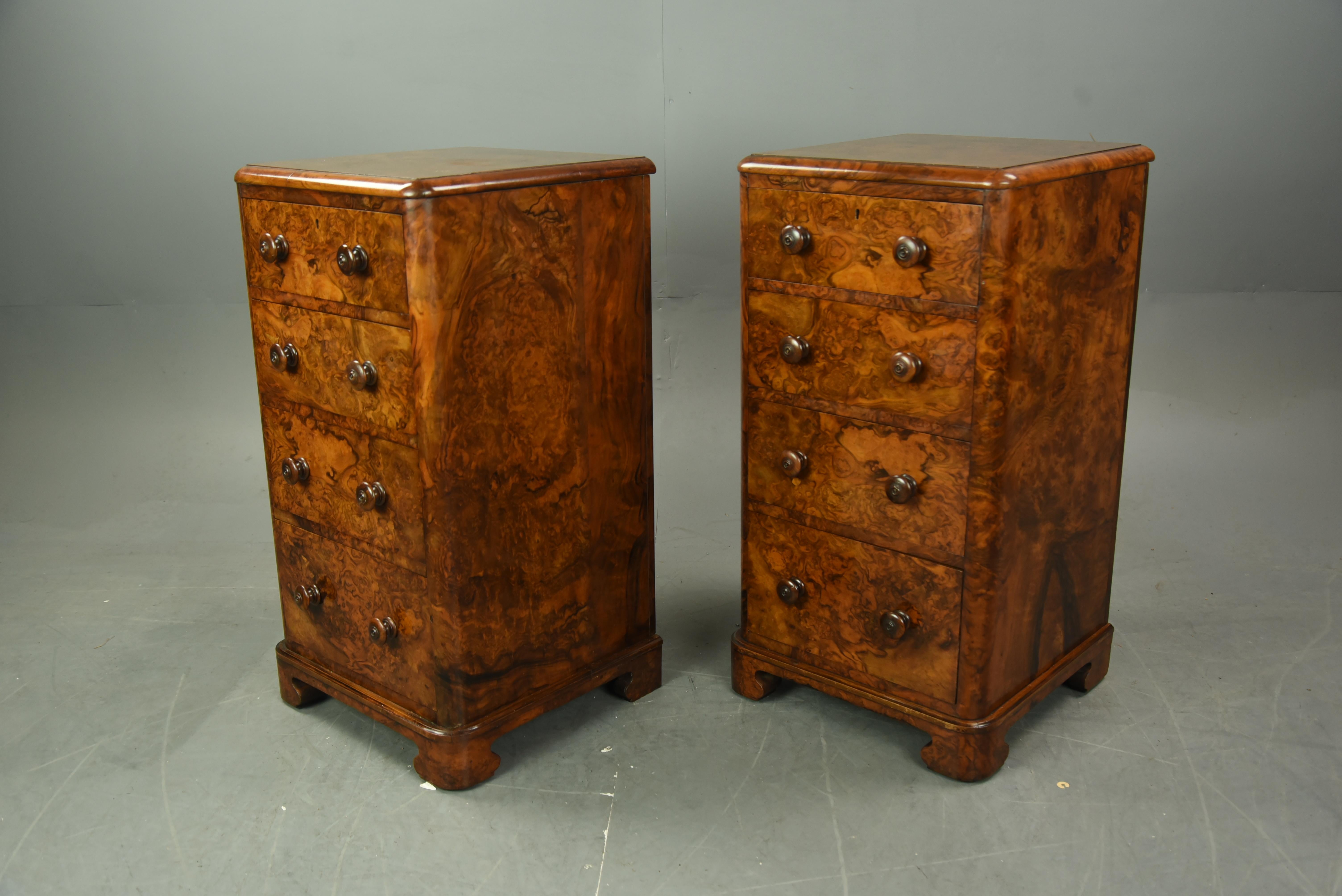 English Pair of Antique Burr Walnut Bedside Chests of Drawers Nite Stands In Good Condition In Chelmsford, GB