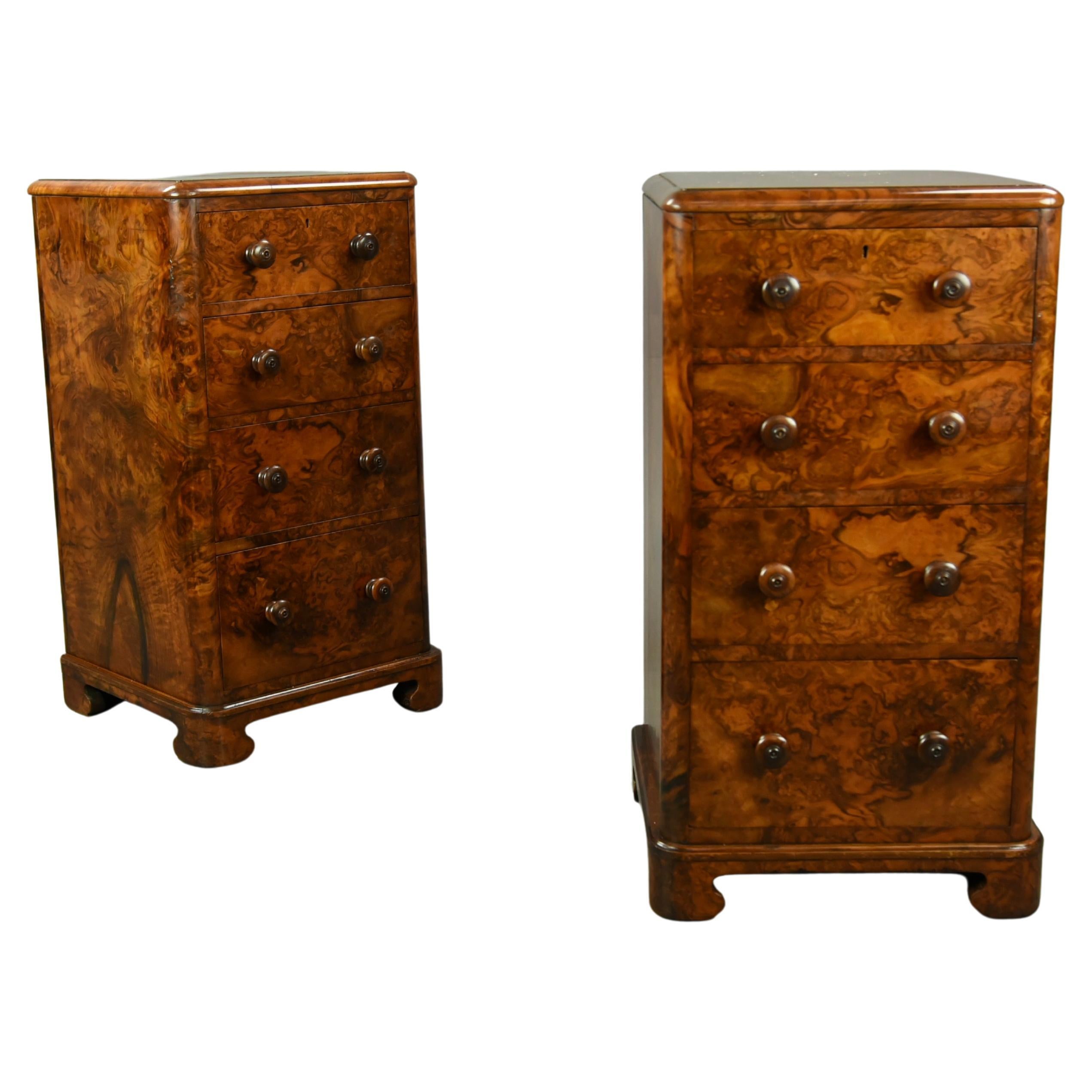 English Pair of Antique Burr Walnut Bedside Chests of Drawers Nite Stands