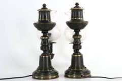 English Pair of Antique Patinated Brass Oil Table Lamps with Hurricane Shades