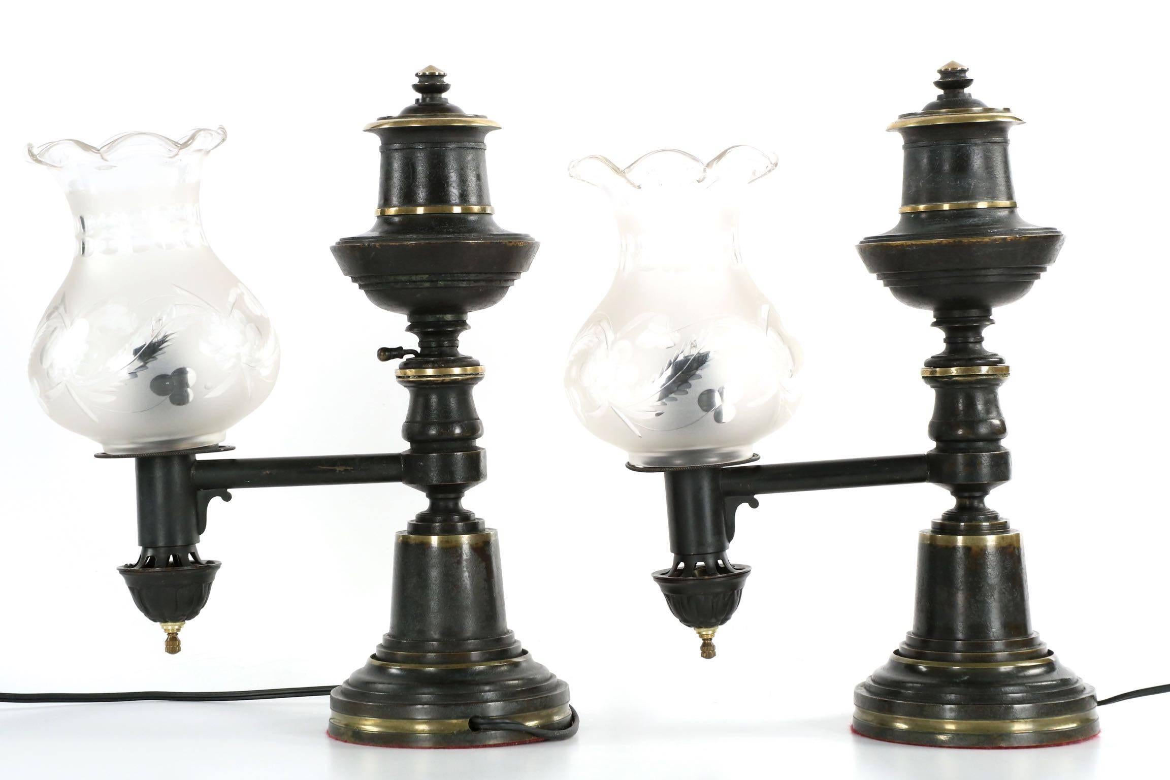 Regency English Pair of Antique Patinated Brass Oil Table Lamps with Hurricane Shades