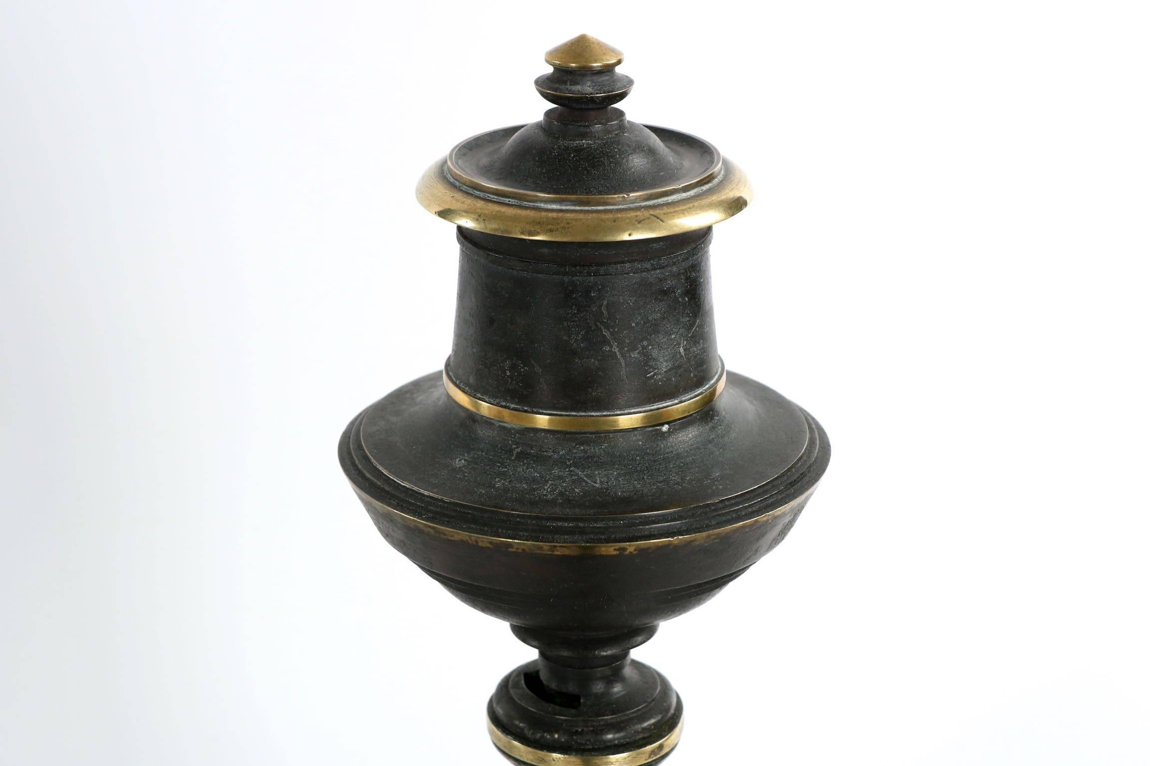 19th Century English Pair of Antique Patinated Brass Oil Table Lamps with Hurricane Shades