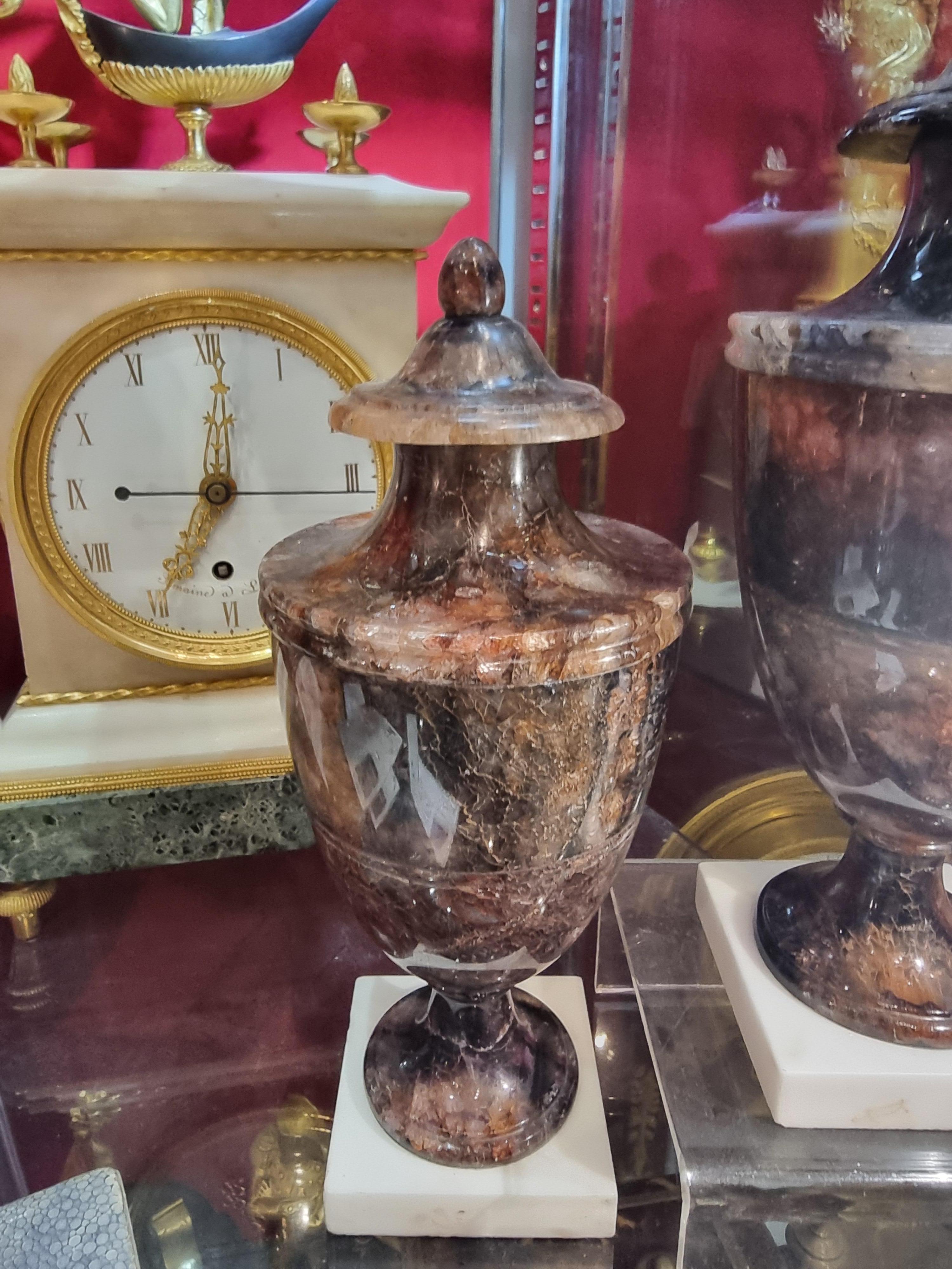 Marmo di Carrara Coppia di urne inglesi in fleurospato blu john in vendita