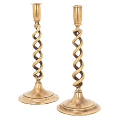 Antique English Pair of Brass Barley Twist Candlesticks