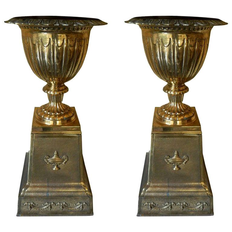 English Pair of Brass Campana Urns on Pedestals, Late 19th Century