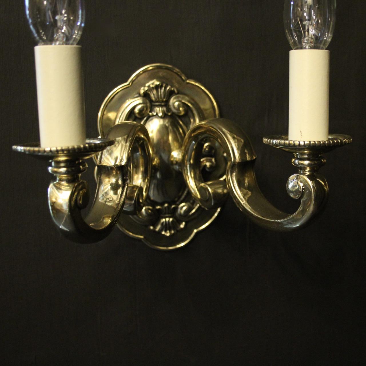 English Pair Of Brass Twin Arm Antique Wall Lights In Fair Condition In Chester, GB