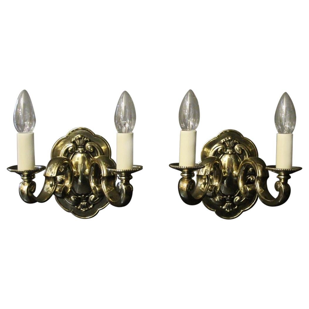 English Pair Of Brass Twin Arm Antique Wall Lights