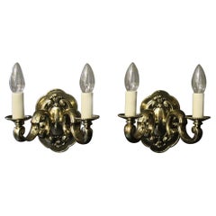 English Pair Of Brass Twin Arm Antique Wall Lights