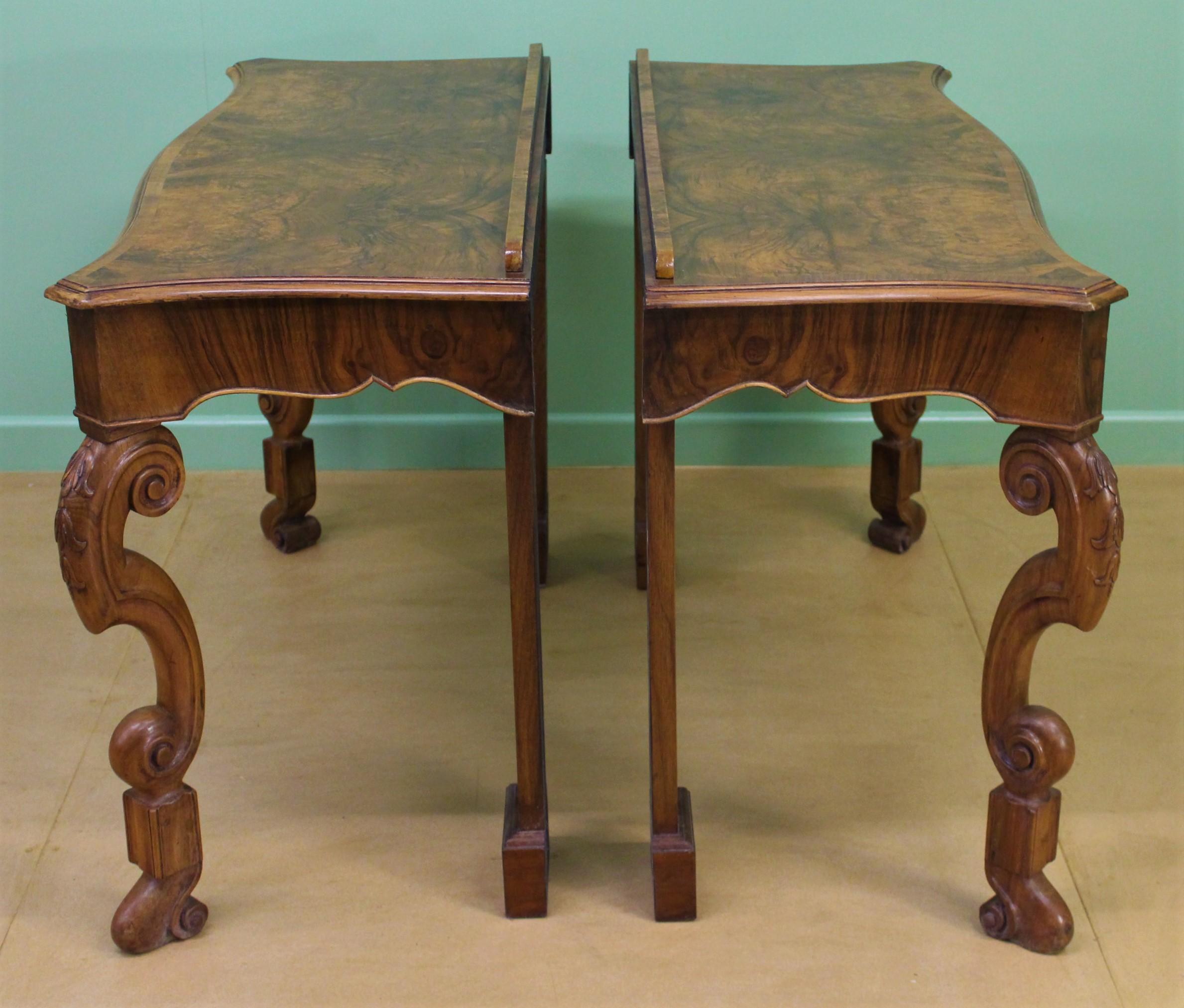 20th Century English Pair of Burr Walnut Console Tables