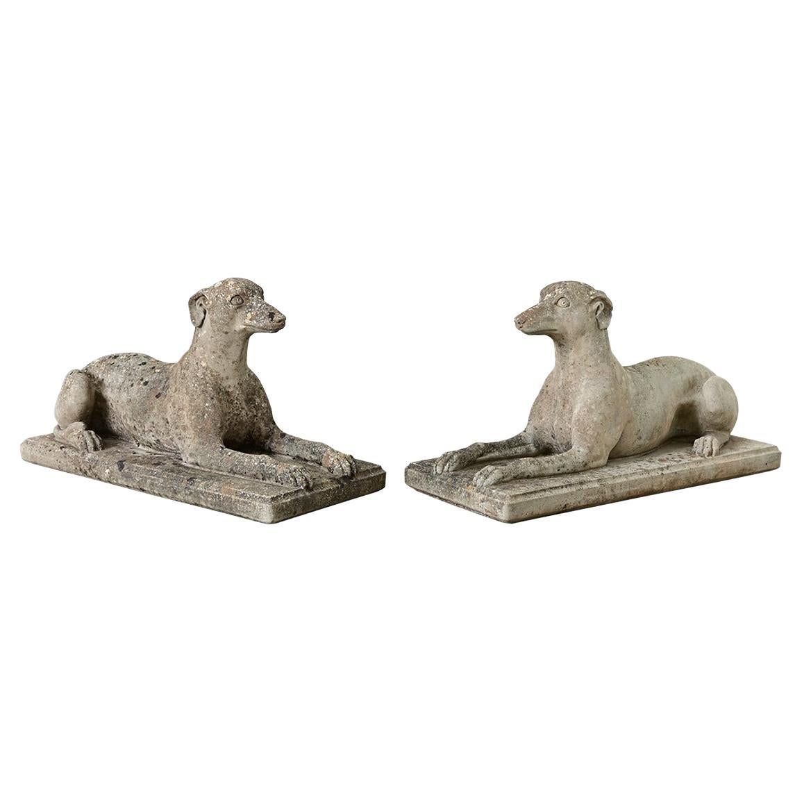 Antique Cast Stone Whippet Statues, English, 20th Century, Patina