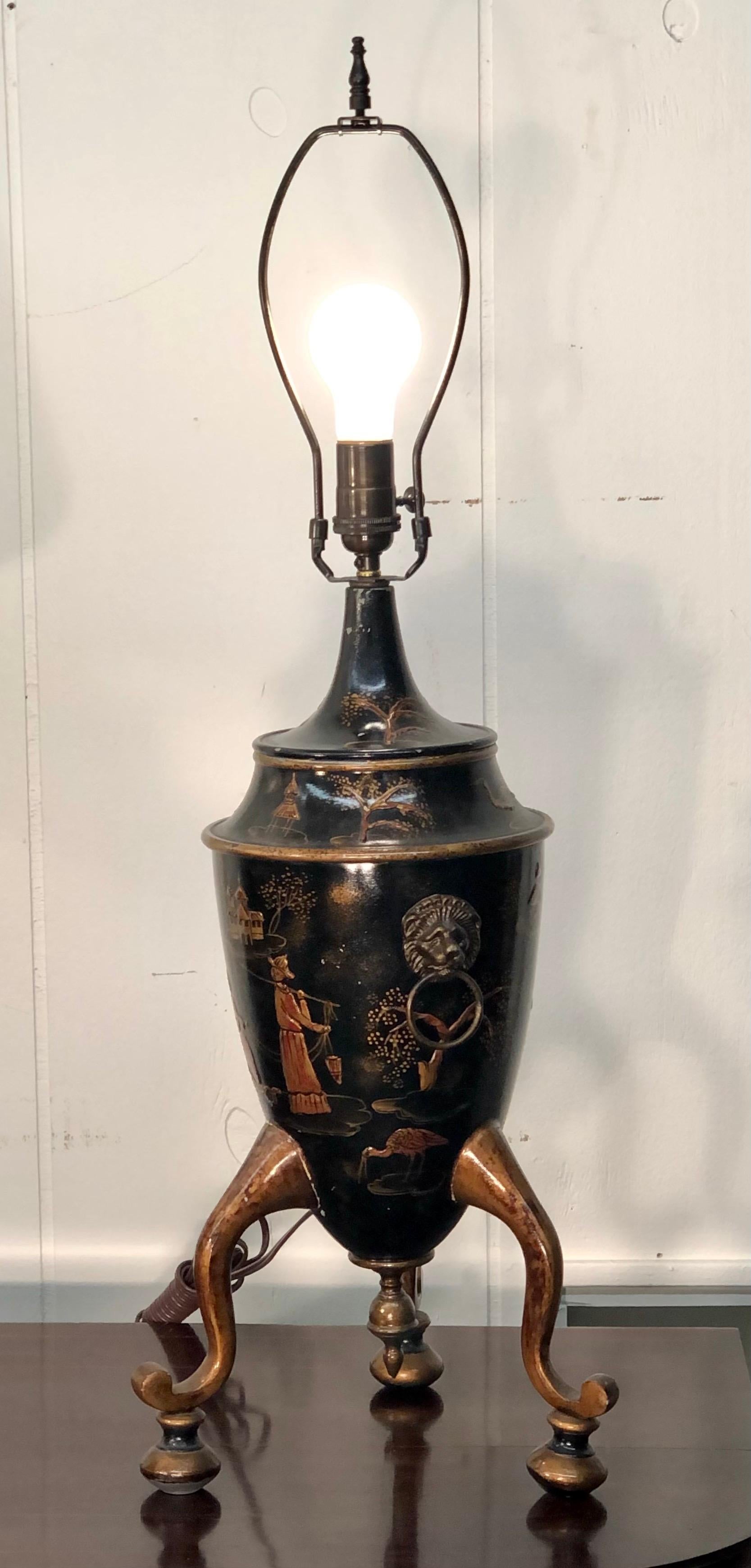 English Pair of Georgian Style Chinoiserie Tole Urns, Made into Lamps 6