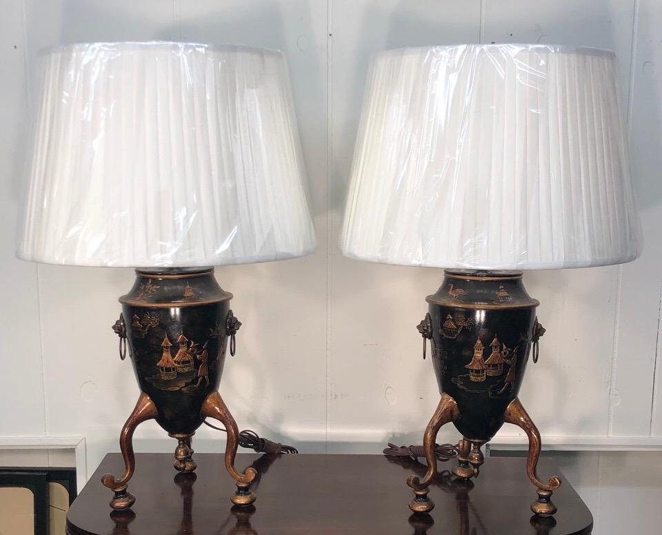 English Pair of Georgian Style Chinoiserie Tole Urns, Made into Lamps 8