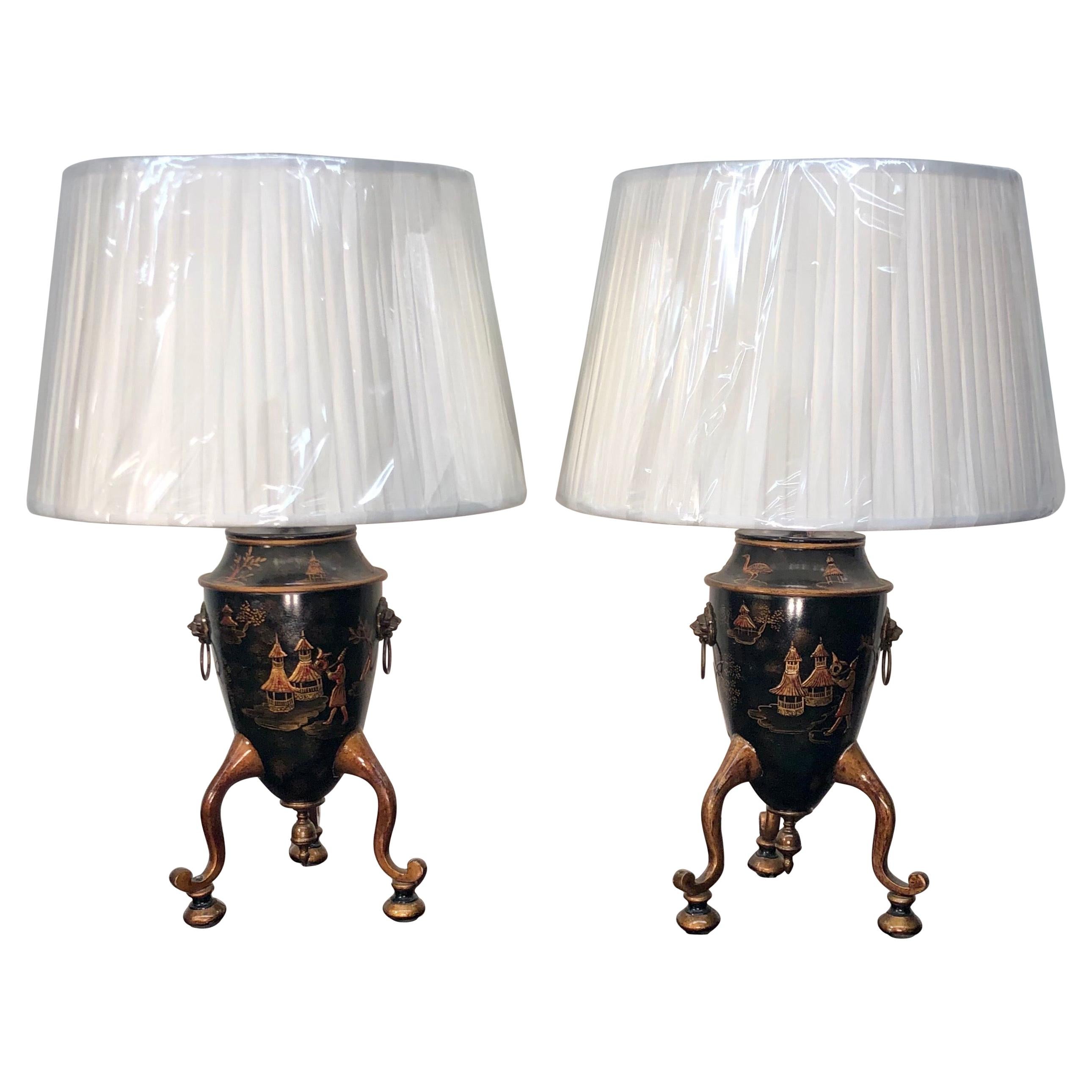 English Pair of Georgian Style Chinoiserie Tole Urns, Made into Lamps