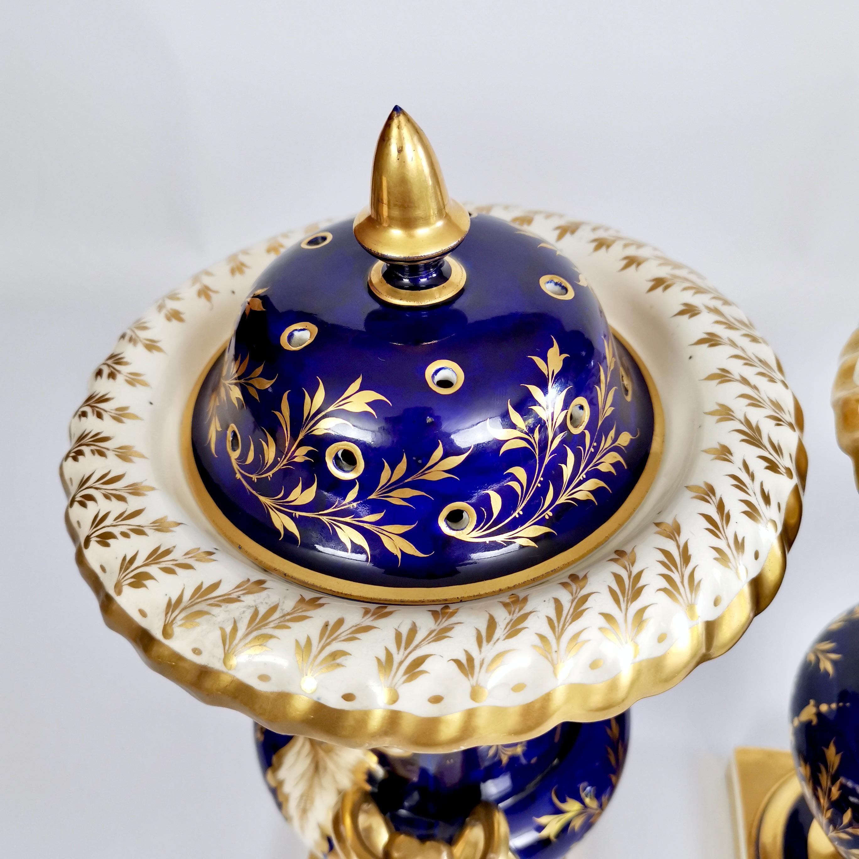 English Pair of Porcelain Potpourri Vases, Cobalt Blue with Landscapes, ca 1830 6