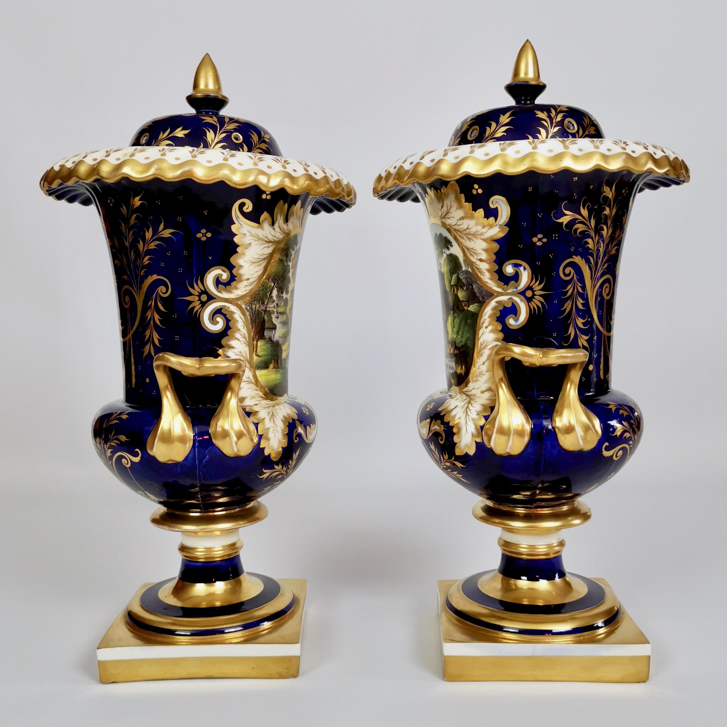 Regency English Pair of Porcelain Potpourri Vases, Cobalt Blue with Landscapes, ca 1830