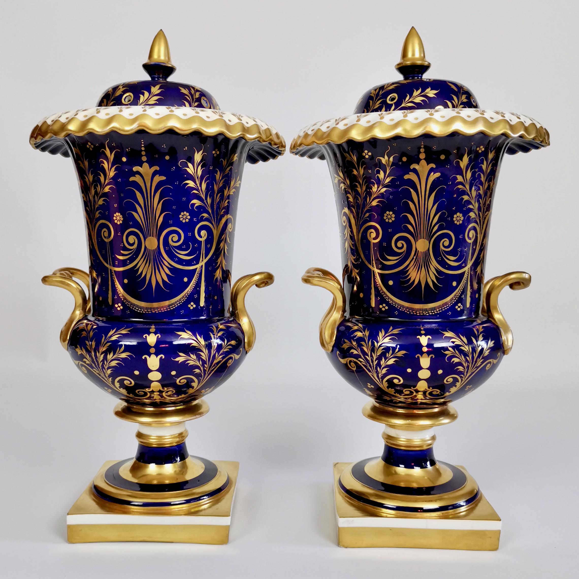 Hand-Painted English Pair of Porcelain Potpourri Vases, Cobalt Blue with Landscapes, ca 1830