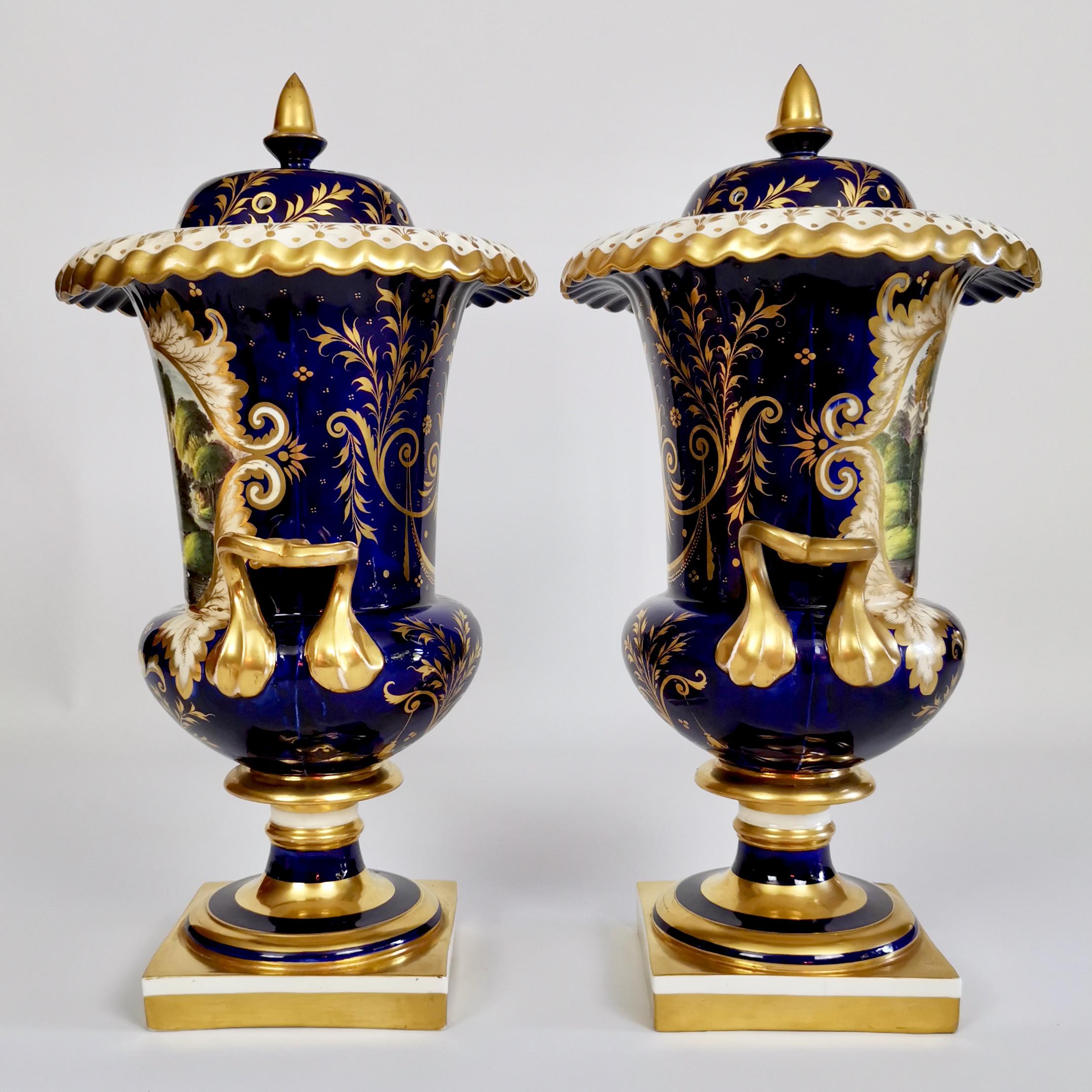 English Pair of Porcelain Potpourri Vases, Cobalt Blue with Landscapes, ca 1830 In Good Condition In London, GB