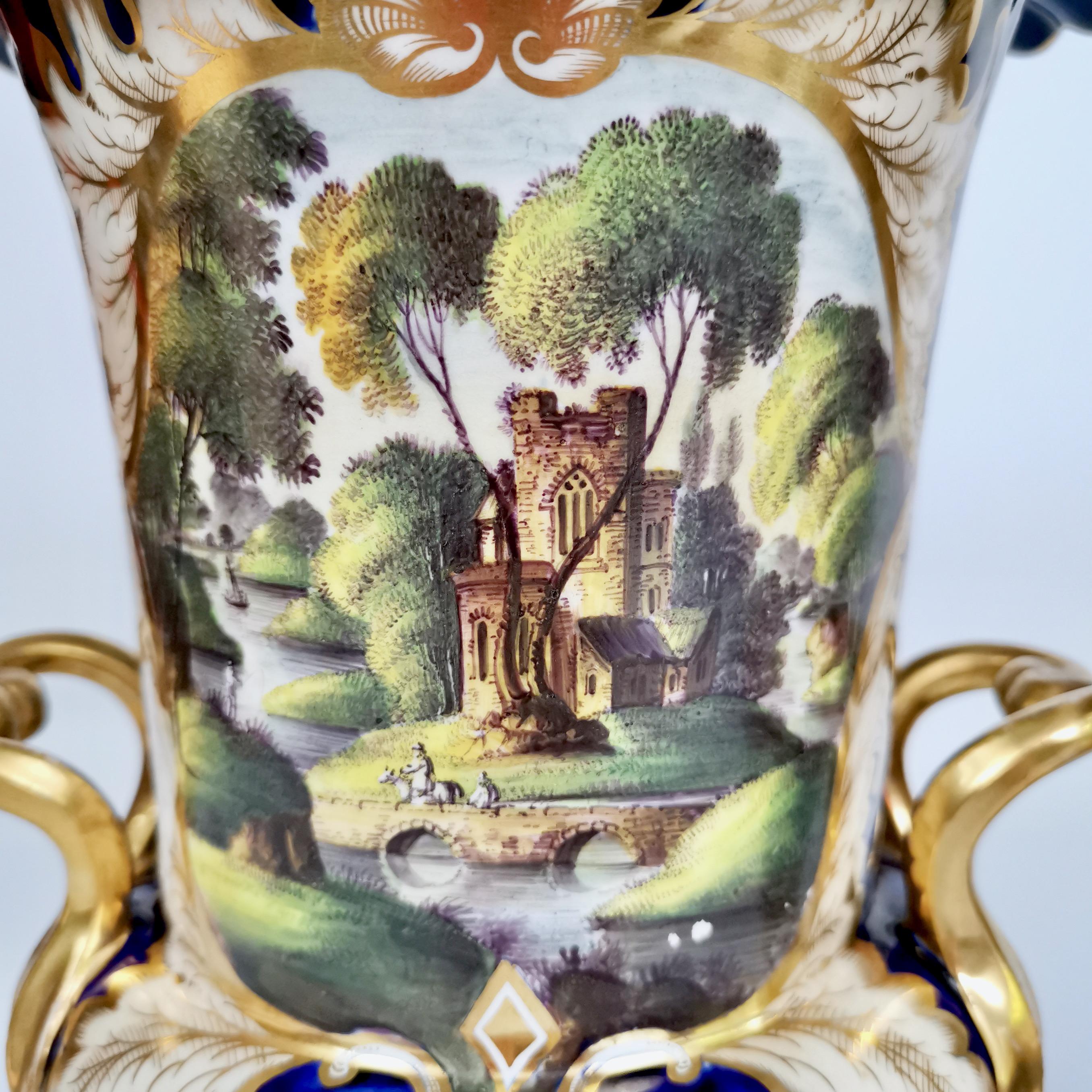 English Pair of Porcelain Potpourri Vases, Cobalt Blue with Landscapes, ca 1830 1