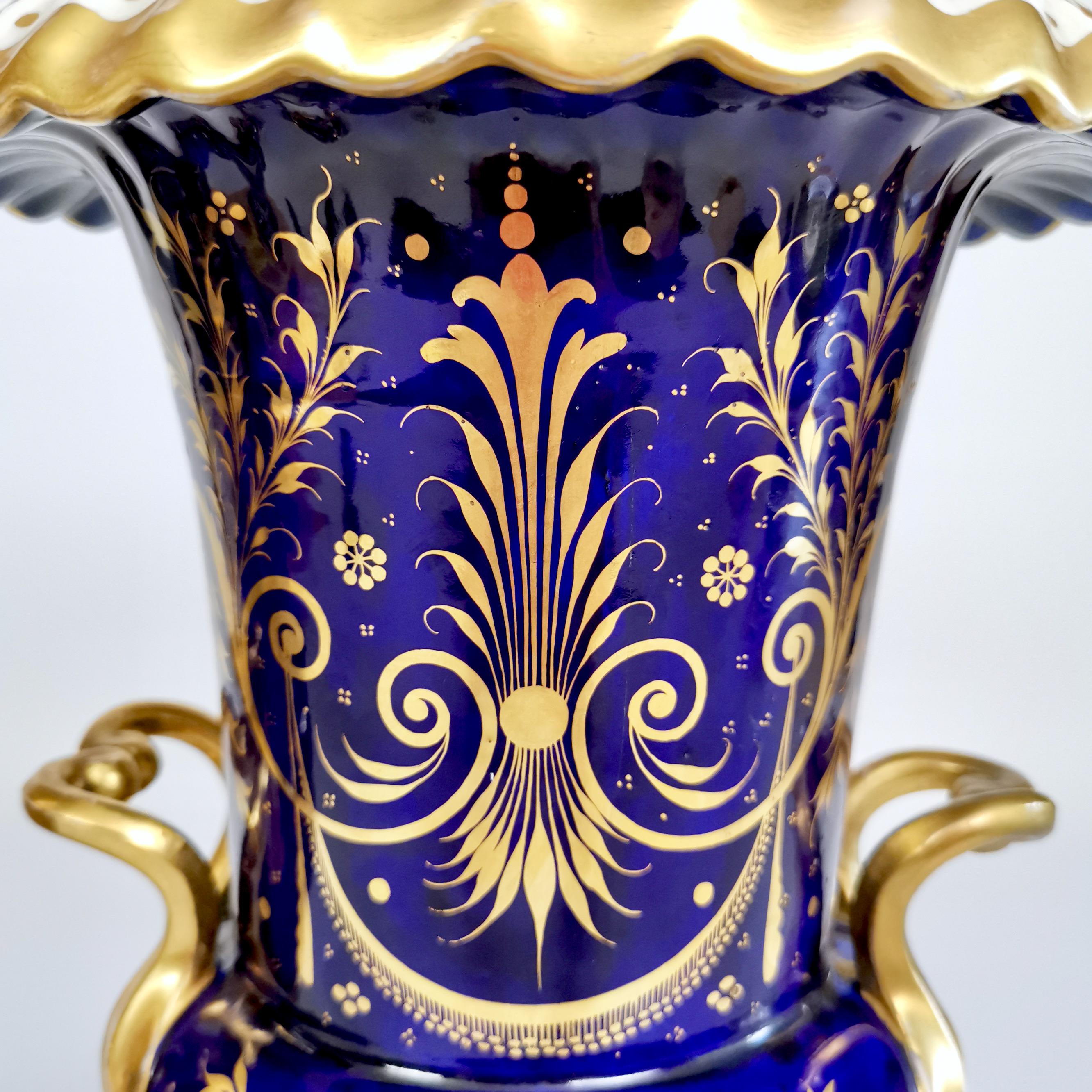 English Pair of Porcelain Potpourri Vases, Cobalt Blue with Landscapes, ca 1830 2