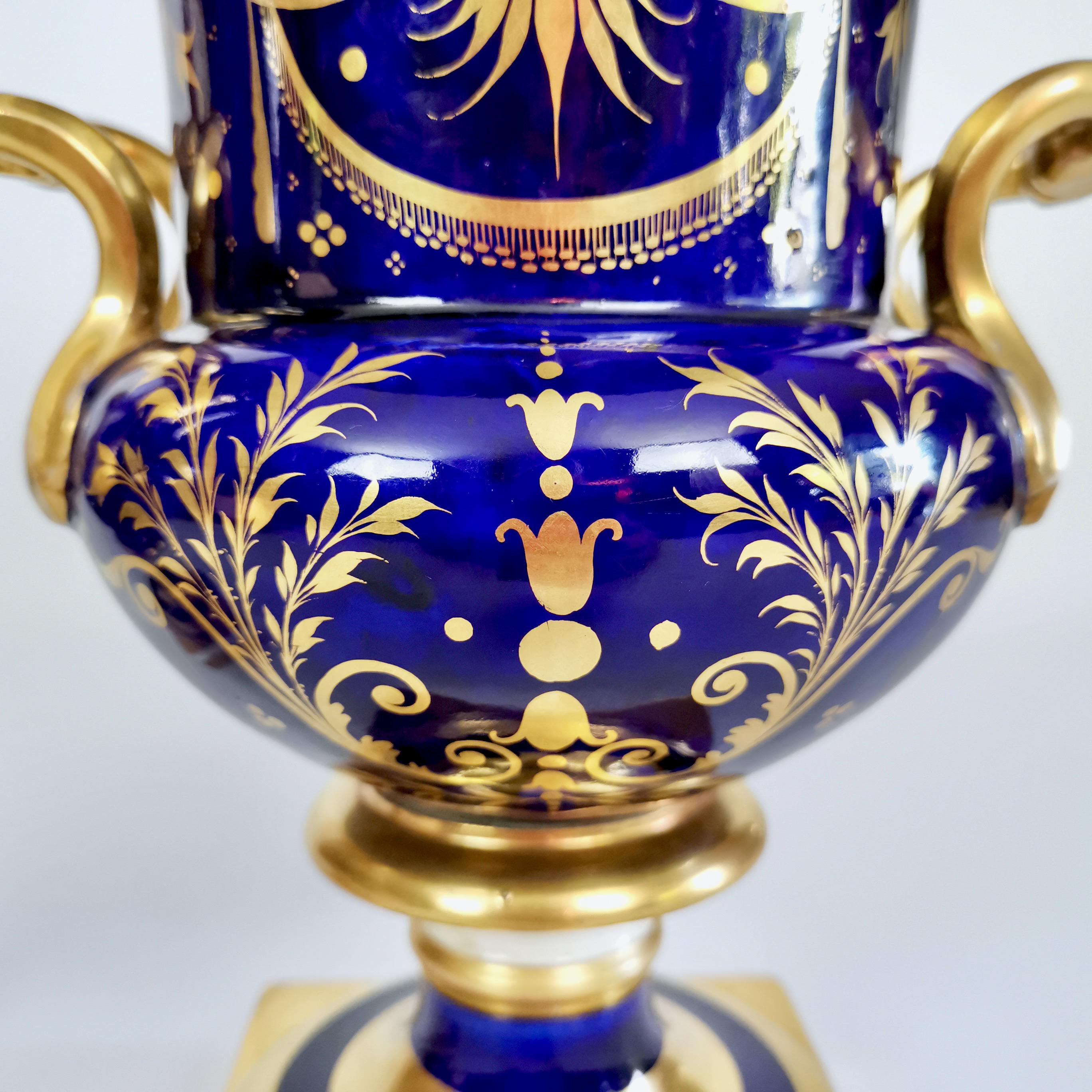 English Pair of Porcelain Potpourri Vases, Cobalt Blue with Landscapes, ca 1830 3