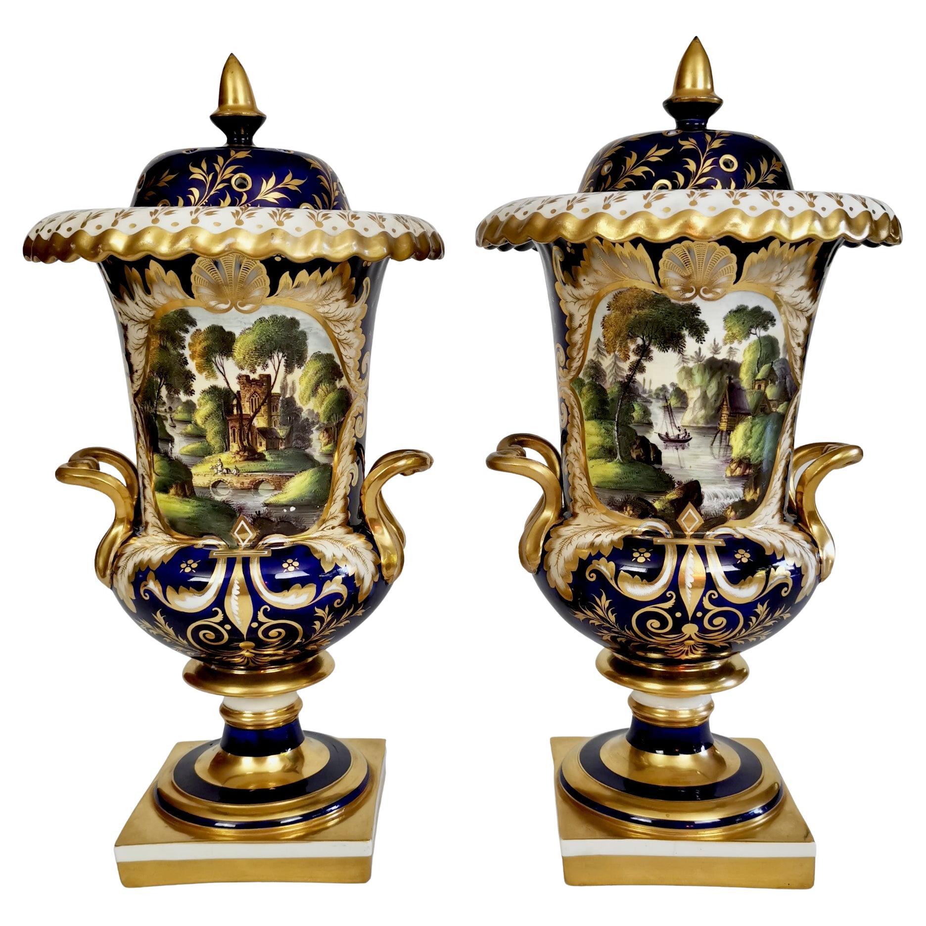 English Pair of Porcelain Potpourri Vases, Cobalt Blue with Landscapes, ca 1830