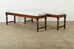 English Pair of Solid Oak Benches with Cushions