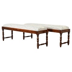 English Pair of Solid Oak Benches with Cushions