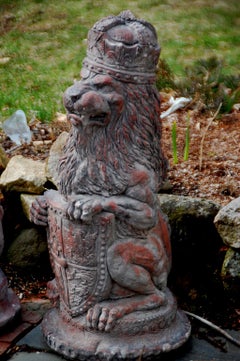 English Pair of Terracotta Rampant Lions with Crown, Shield and Coat of Arms