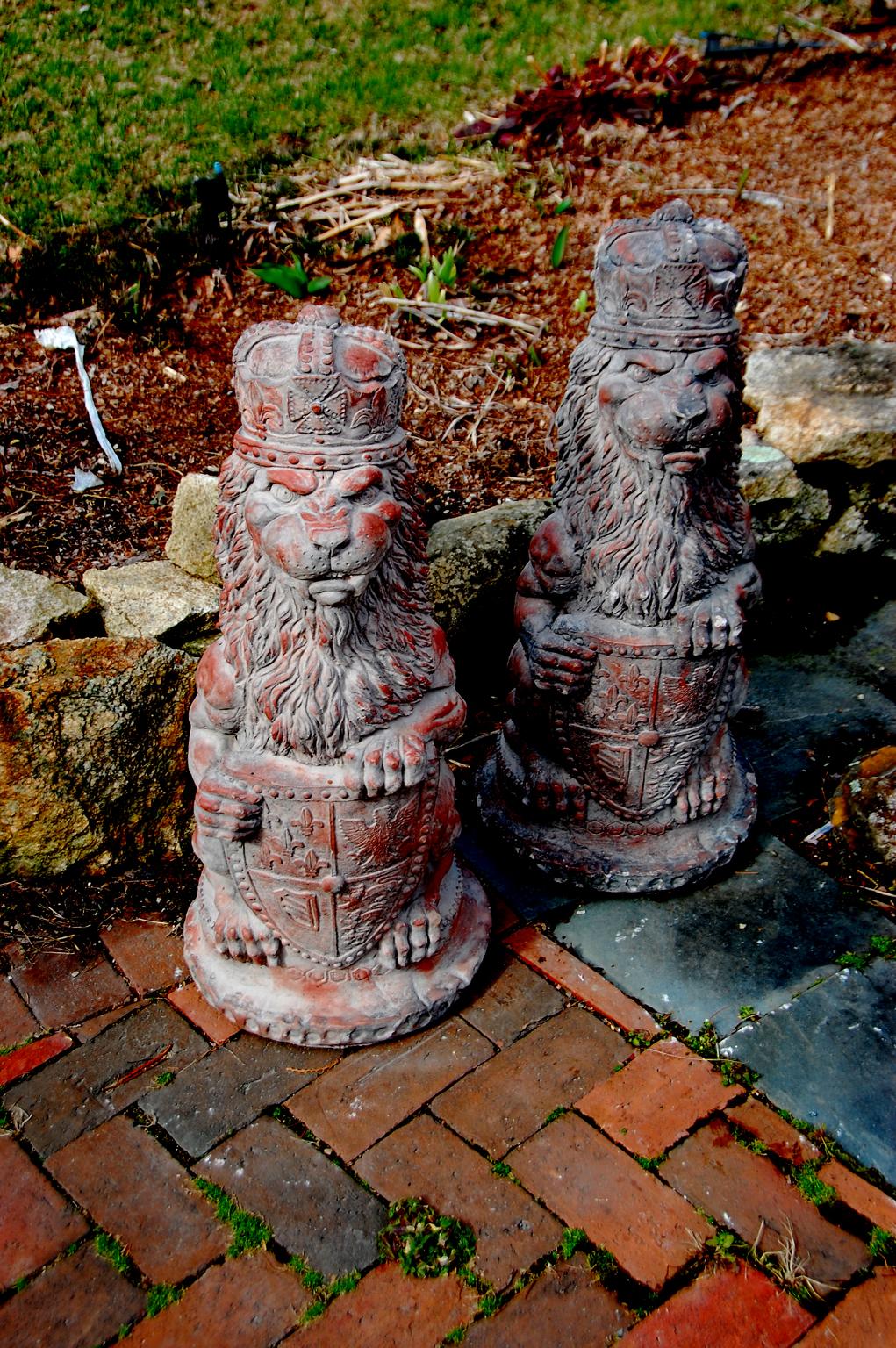 Medieval English Pair of Terracotta Rampant Lions with Crown, Shield and Coat of Arms