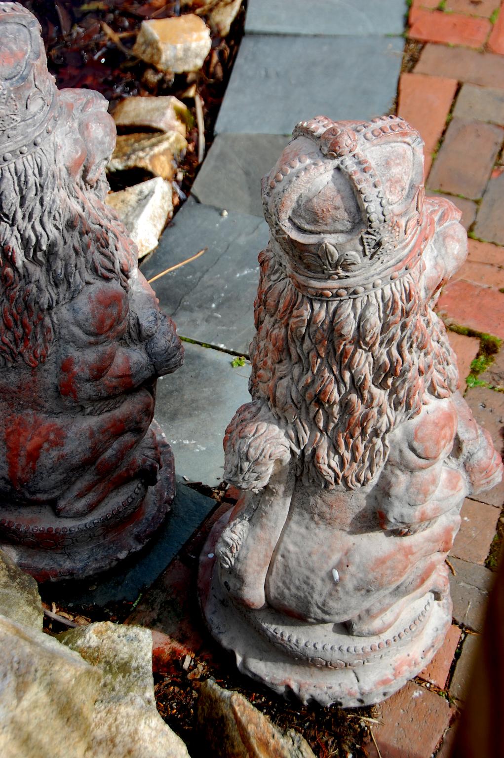 English Pair of Terracotta Rampant Lions with Crown, Shield and Coat of Arms 1