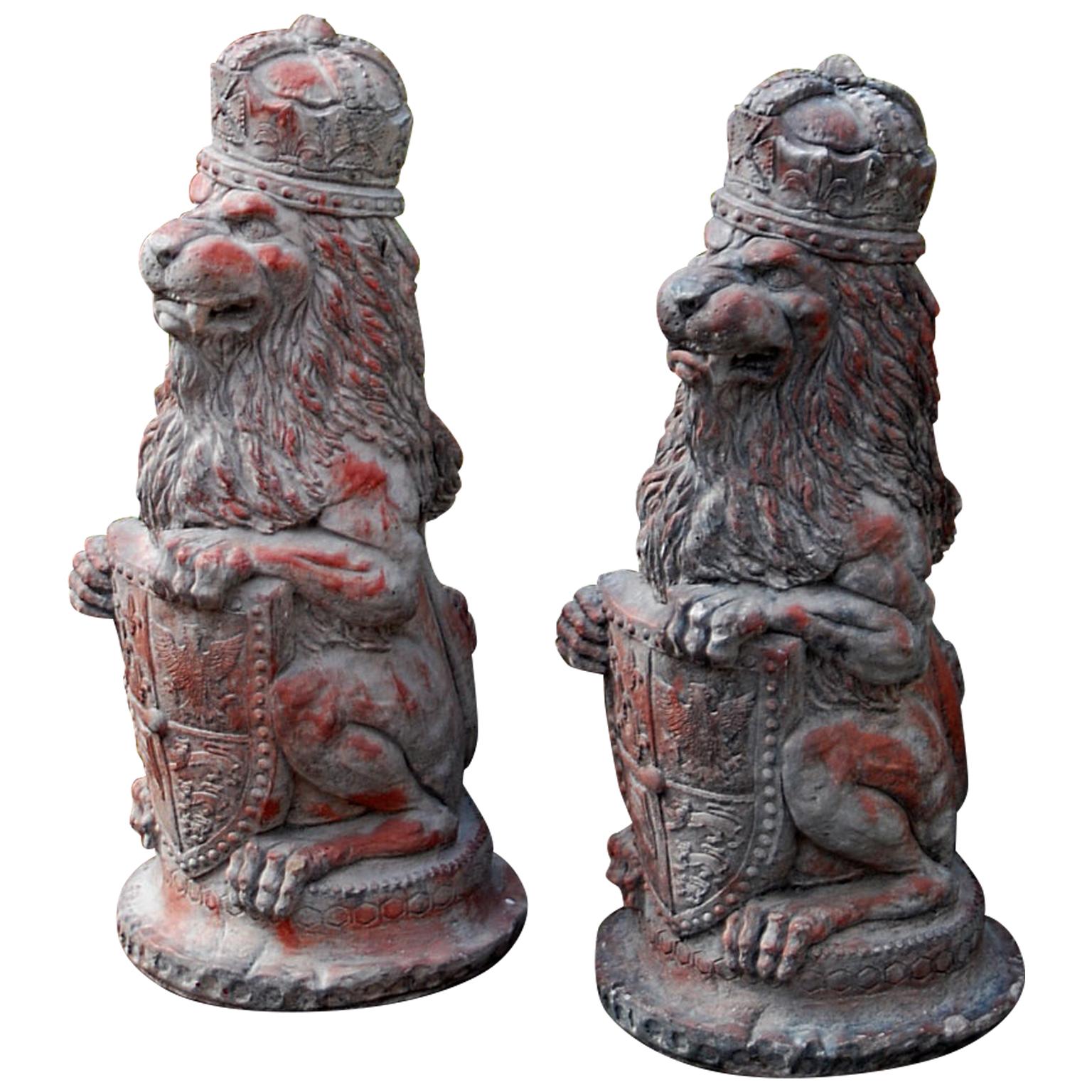 English Pair of Terracotta Rampant Lions with Crown, Shield and Coat of Arms