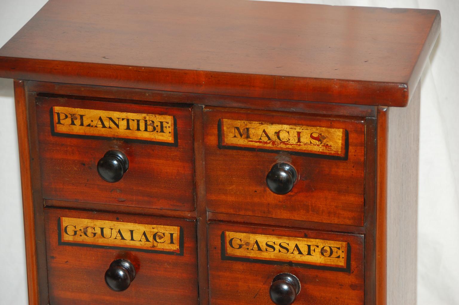 English Victorian period pair of small cabinets made from mahogany apothecary drawers with original labels. These were originally built into a wall of an English 19th century pharmacy and have now been reconstructed as a pair of side cabinets of