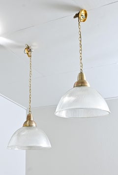 English Pair of Vintage Industrial Holophane Glass Pendants