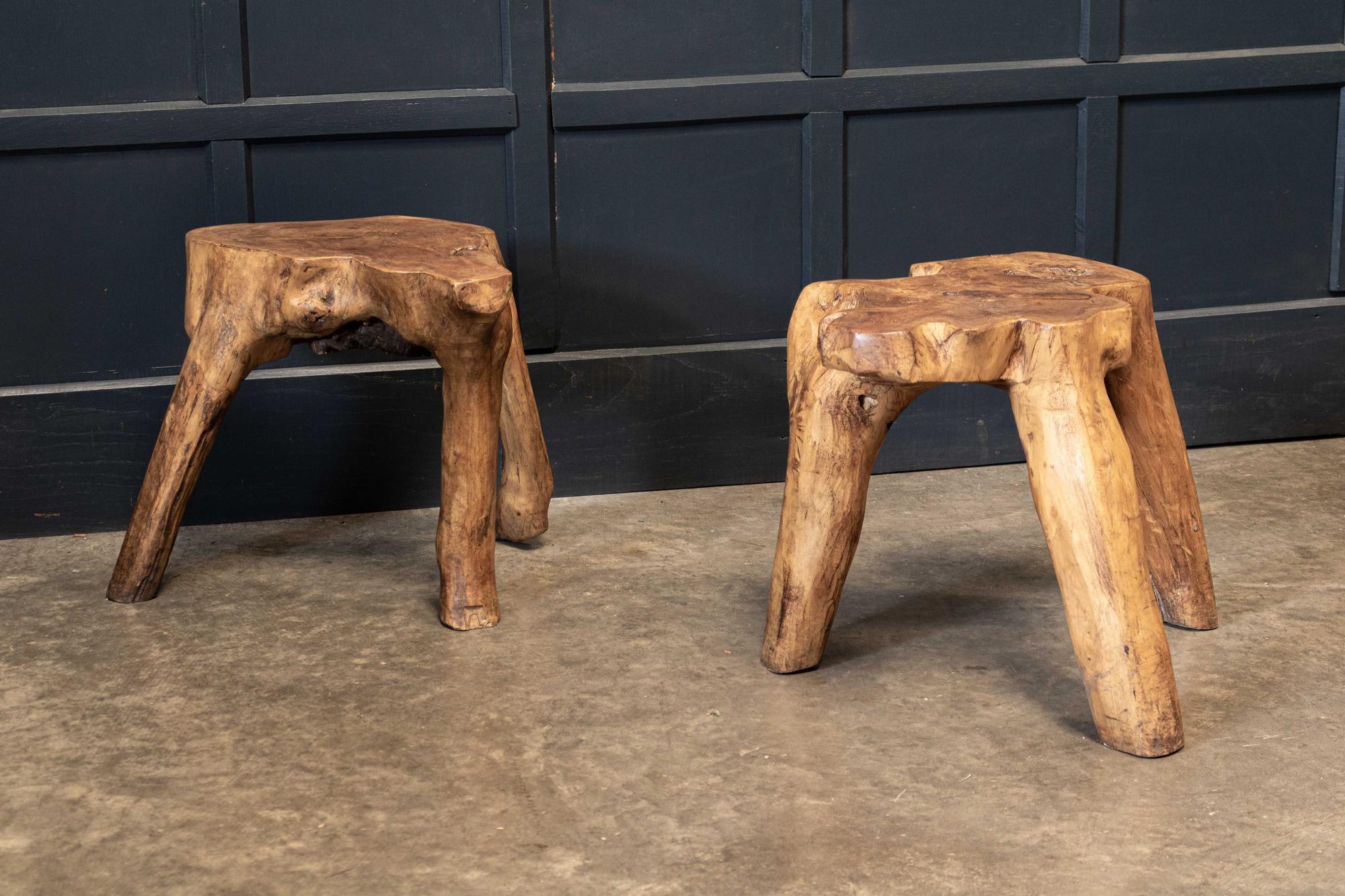 British English Pair Primitive Teak Root Side End Tables For Sale