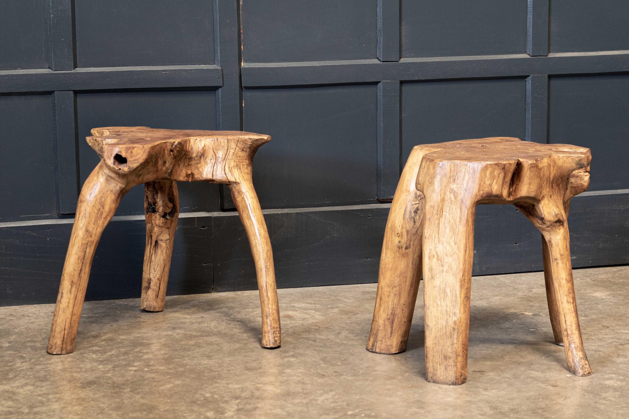 British English Pair Primitive Teak Root Side End Tables