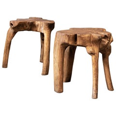 English Pair Primitive Teak Root Side End Tables