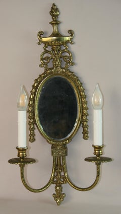 Vintage English Pair Solid Brass and Beveled Glass Two Light Sconces