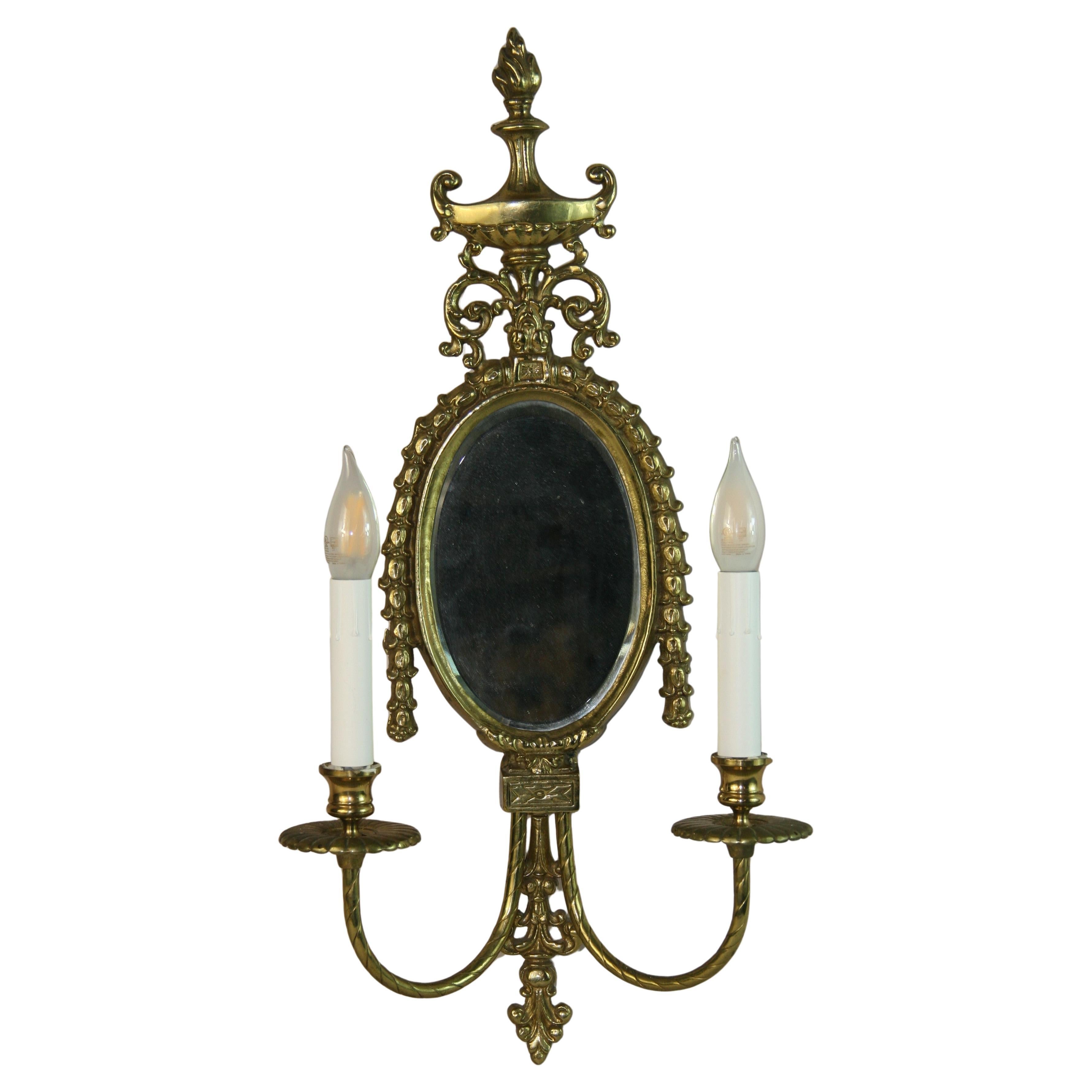 Vintage English Pair Solid Brass and Beveled Glass Two Light Sconces