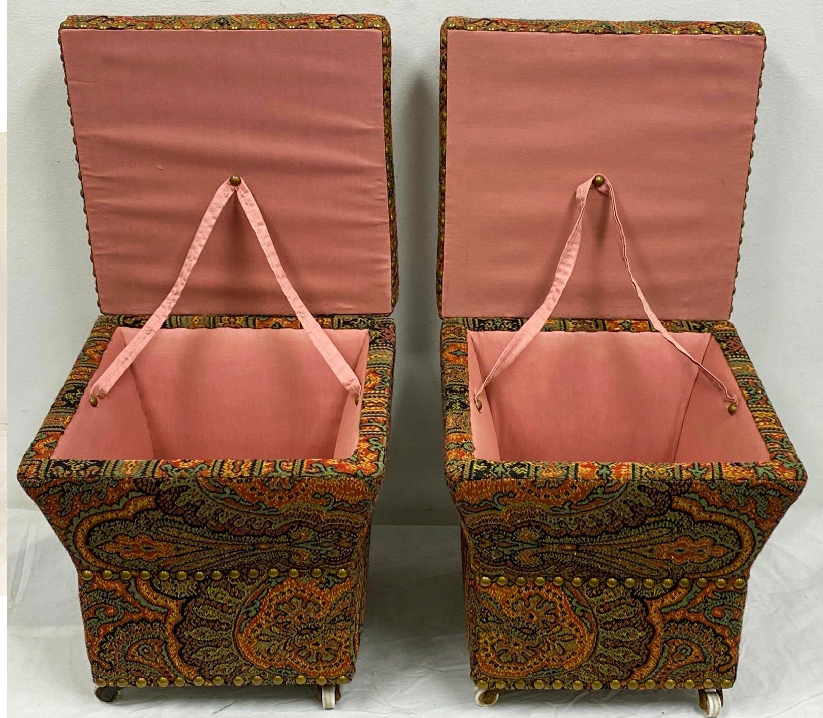 20th Century English Paisley Upholstered Storage Ottomans, a Pair For Sale